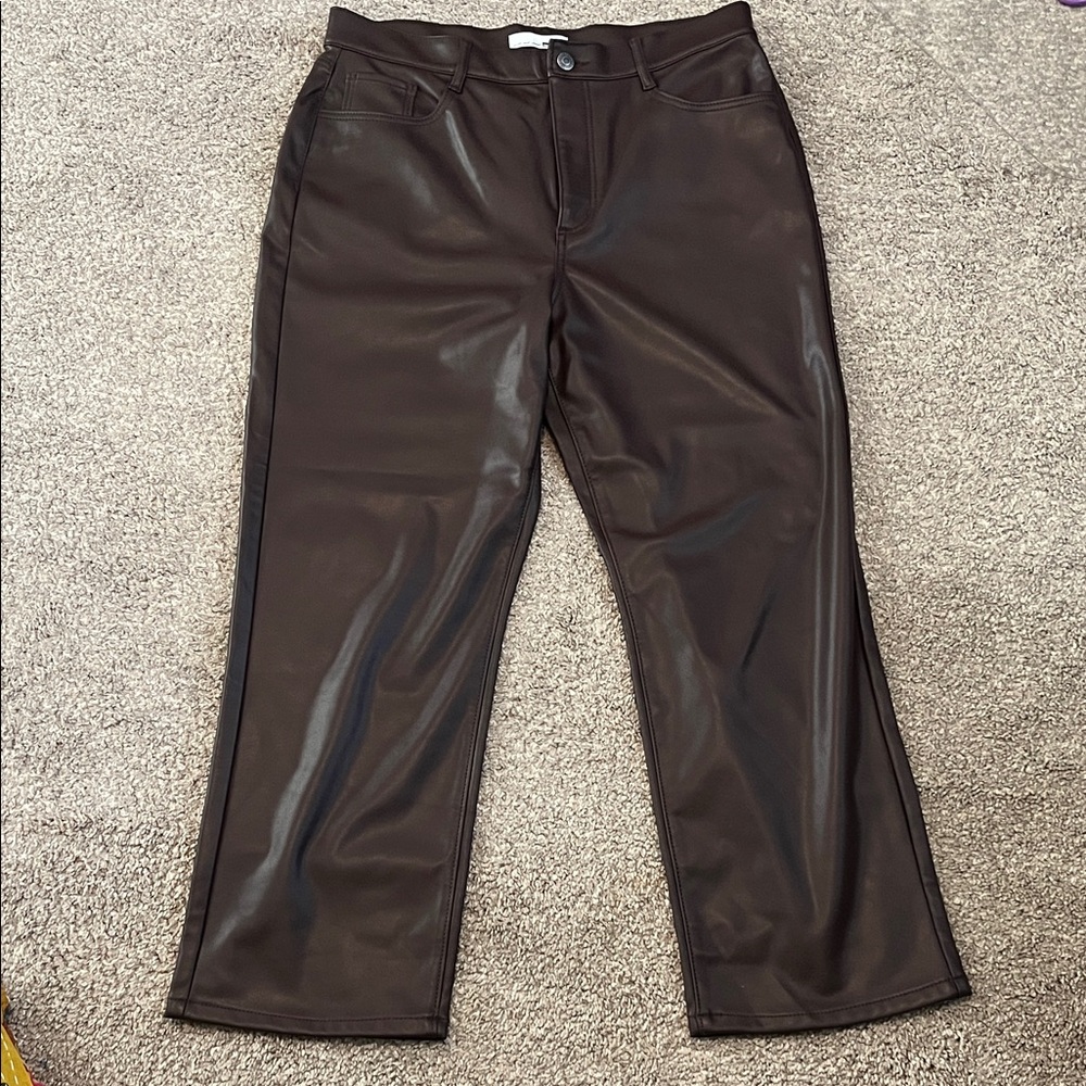 Loft Brown Faux Leather Pants Womens Straight Leg Size 12/31